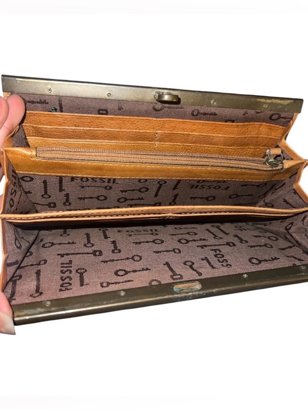 VTG Fossil Tan Leather Kiss Lock Frame Clutch Wallet